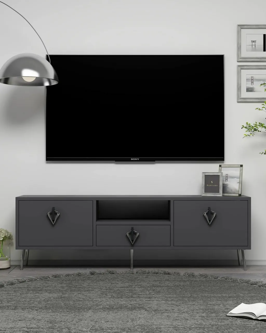 Komodë TV Skye Decor, 1311-DROP-32, antracit, e zezë, argjend - 1