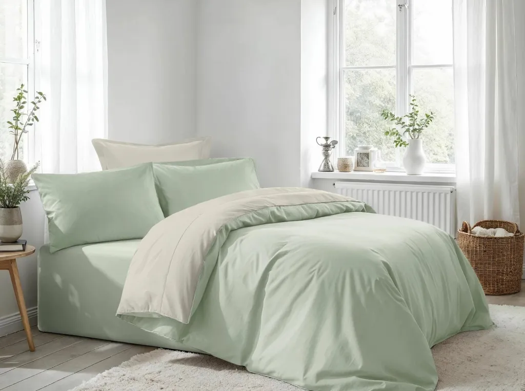Set mbulesë për jorgan dopio Ranforce, L'Essentiel Linge de Maison, jeshile e çelët, krem - 1