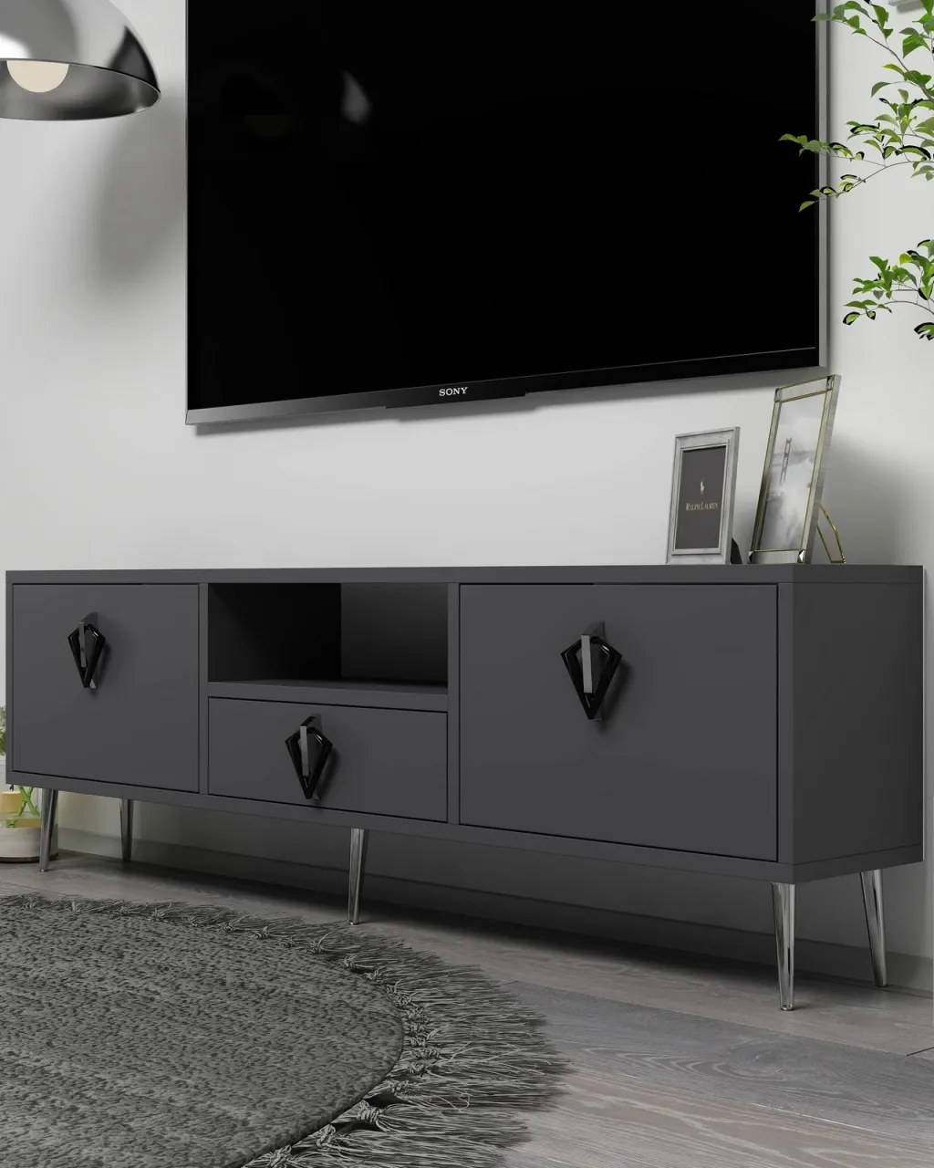 Komodë televizori Skye Decor, 1312-DROP-32, antracit, e zezë, argjend - 2
