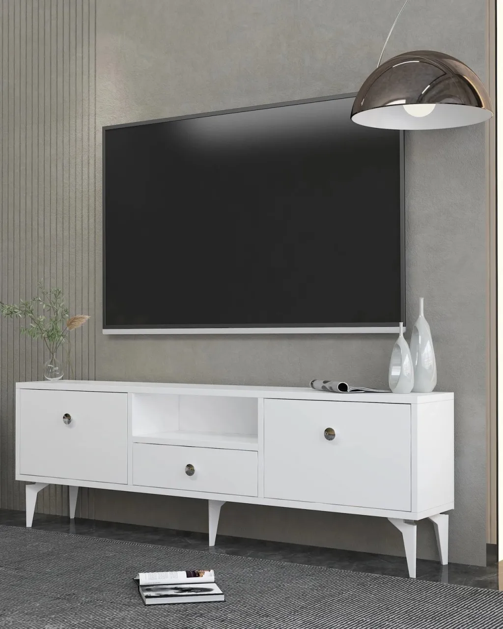 Komodë TV Skye Decor, 1300-DROP-1, e bardhë, argjend - 2