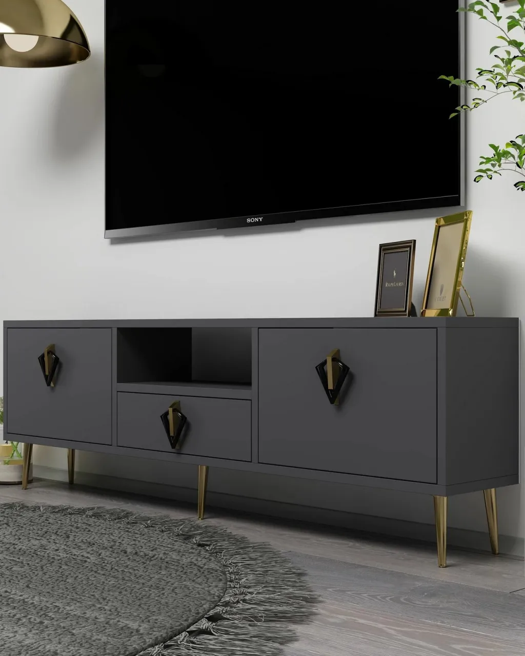 Komodë për TV Skye Decor, 1312-DROP-32, antracit, e zezë, e artë - 2