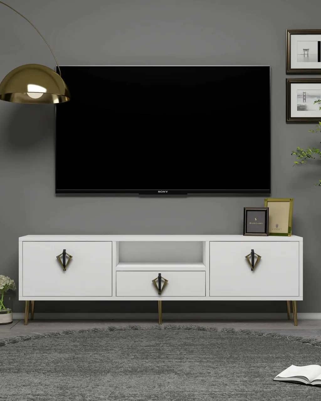 Komodë për TV Skye Decor, 1311-DROP-32, e bardhë, e zezë, e artë - 1