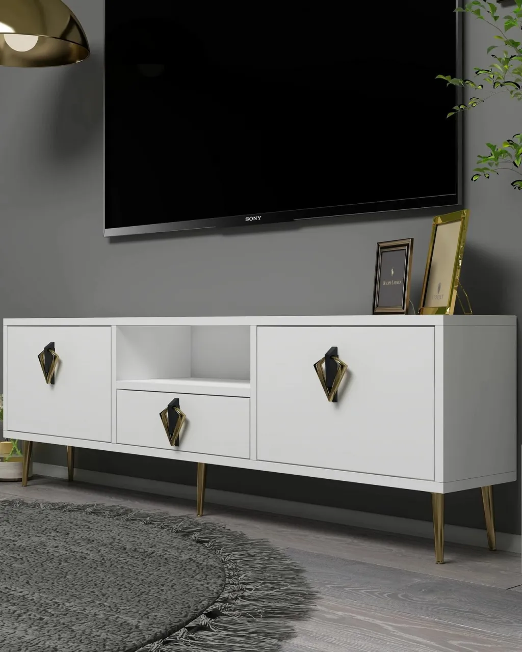 Komodë për TV Skye Decor, 1311-DROP-32, e bardhë, e zezë, e artë - 2