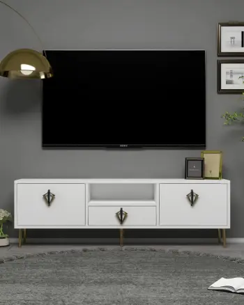 Komodë për TV Skye Decor, 1311-DROP-32, e bardhë, e zezë, e artë