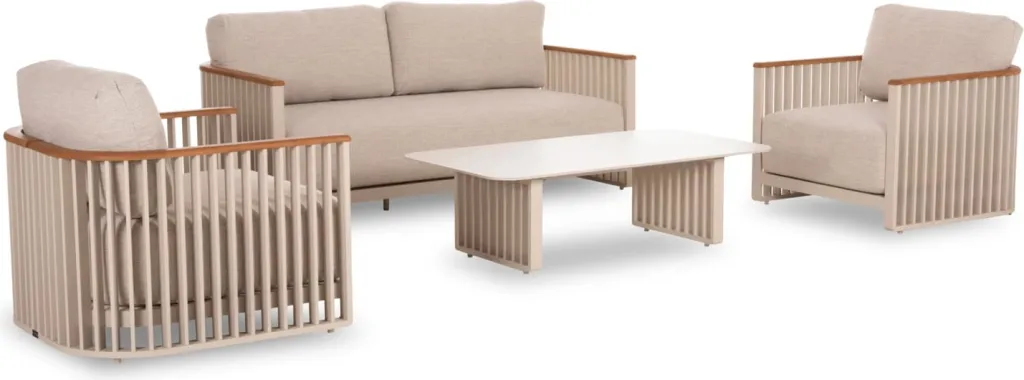 Set salloni për jashtë, 4 pjesë, kornizë alumini, ngjyrë krem, jastëkë bezhë, mbështetëse teak, tavolinë me sipërfaqe guri të sinterizuar, Candeo ETERNITY - 1