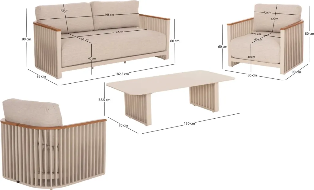 Set salloni për jashtë, 4 pjesë, kornizë alumini, ngjyrë krem, jastëkë bezhë, mbështetëse teak, tavolinë me sipërfaqe guri të sinterizuar, Candeo ETERNITY - 3