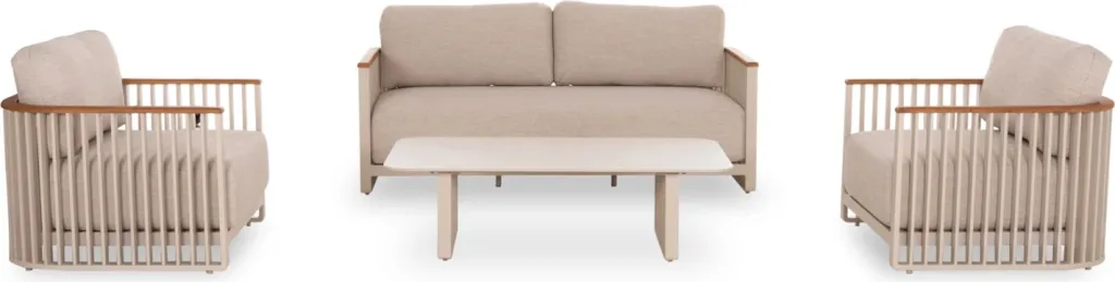 Set salloni për jashtë, 4 pjesë, kornizë alumini, ngjyrë krem, jastëkë bezhë, mbështetëse teak, tavolinë me sipërfaqe guri të sinterizuar, Candeo ETERNITY - 4