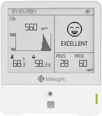 Sensor ambienti Milesight IoT, LoRaWAN, Temp. Lagështia CO2 PIR Dritë TVOC hPA PM2.5 PM10 O3, E-Ink
