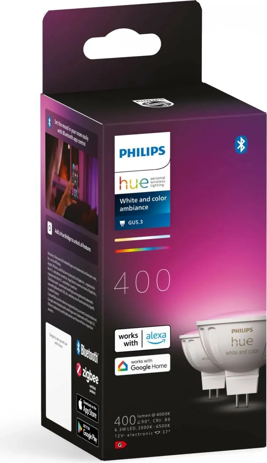 Llambë smart Philips Hue MR16, LED, GU5.3, Bluetooth/Zigbee, e bardhë, ngjyra - 2