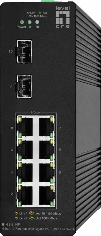 Switch industrial LevelOne Hilbert 10-Port, Gigabit PoE, 2 x SFP, 8 dalje PoE, i menaxhuar, Ethernet Gigabit, i zi