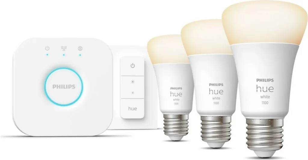 Set ndriçimi inteligjent Philips Hue Starter Kit, Bridge, 3 llamba E27 9.5W, dimmer switch, e bardhë e ngrohtë - 1