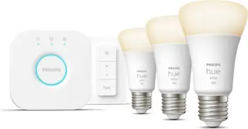 Set ndriçimi inteligjent Philips Hue Starter Kit, Bridge, 3 llamba E27 9.5W, dimmer switch, e bardhë e ngrohtë