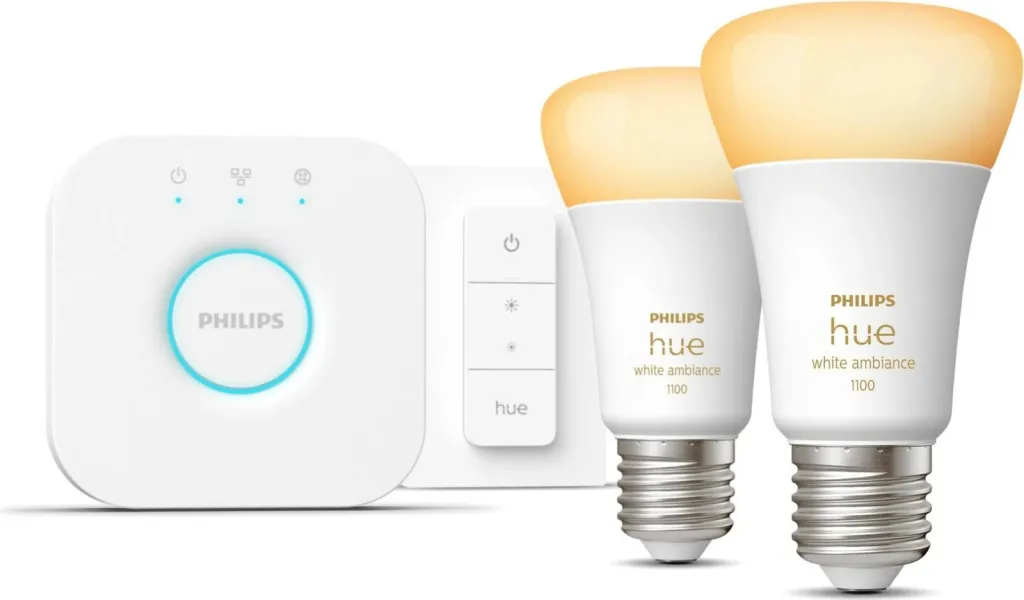 Kit ndriçimi i mençur Philips Hue White ambience, 2 llamba E27 (1100) + switch dimmer, Bluetooth/Zigbee, LED, E27, A60, Bardhë - 1