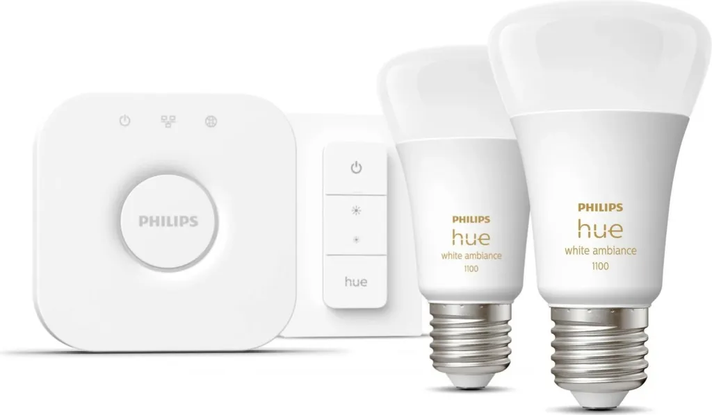 Kit ndriçimi i mençur Philips Hue White ambience, 2 llamba E27 (1100) + switch dimmer, Bluetooth/Zigbee, LED, E27, A60, Bardhë - 2
