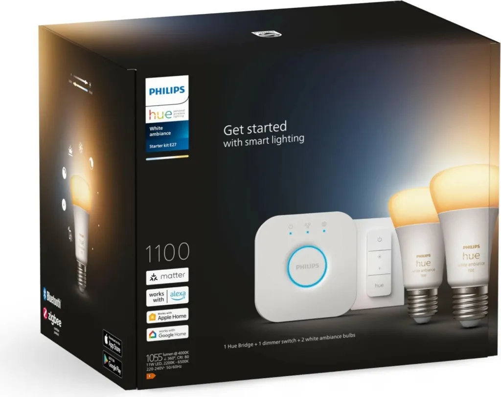 Kit ndriçimi i mençur Philips Hue White ambience, 2 llamba E27 (1100) + switch dimmer, Bluetooth/Zigbee, LED, E27, A60, Bardhë - 3