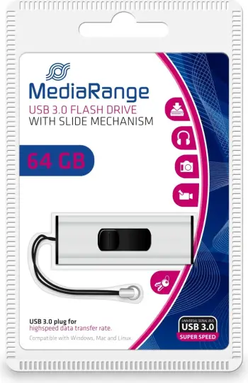 USB stick MEDIARANGE MR917 64GB, USB 3.2, slide, zi/argjendtë