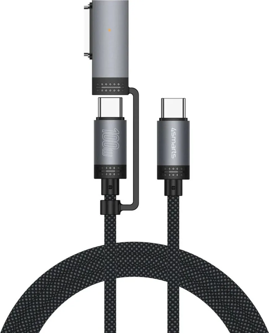 Kabllo 4smarts ComboCord 2m USB C/USB C-MagSafe 3, 100W, najlon, e zezë/gri - 1