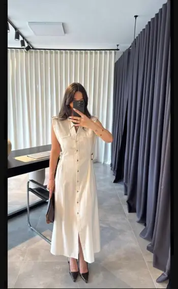 Fustan i gjatë i kremtë me kopsa, dizajn elegant