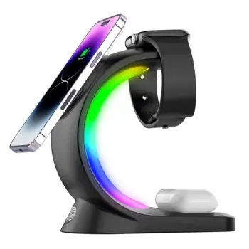 Magnetic Wireless Fast Charger – Mbushës Elegant me Dritë Ambienti për iPhone, AirPods Pro & Apple Watch
