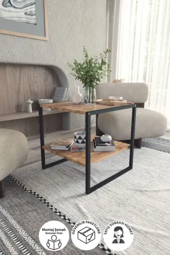 Tavolinë Qendrore Metalike 50×50 me Raft prej druri