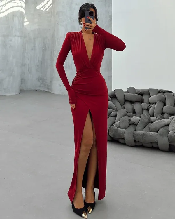 Fustan i kuq -Red long wrap dress - 2