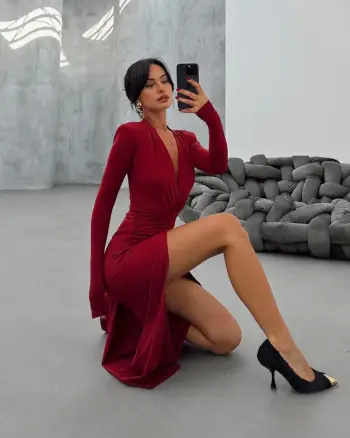 Fustan i kuq -Red long wrap dress