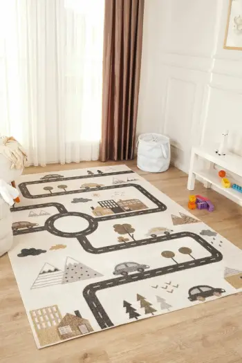 Qilim për fëmijë, Bohem Kids Road, krem-gri, 80x150cm