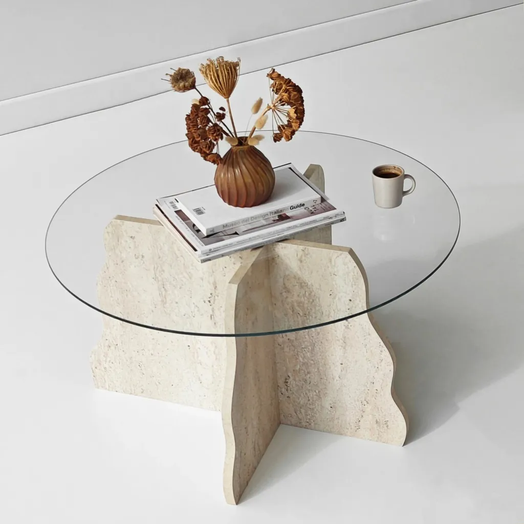 Tavolinë kafeje Skye Decor, Butterfly, travertin, xham transparent - 2