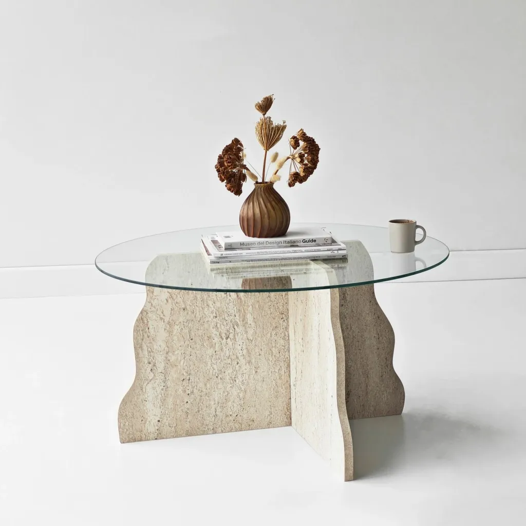 Tavolinë kafeje Skye Decor, Butterfly, travertin, xham transparent - 5