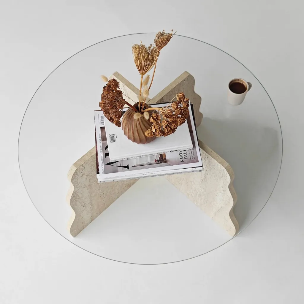 Tavolinë kafeje Skye Decor, Butterfly, travertin, xham transparent - 6