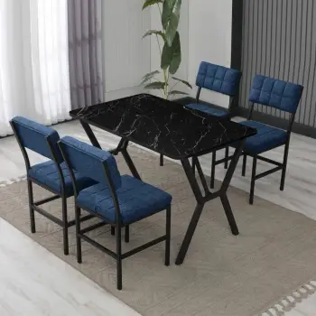 Set tavoline me karrige për ngrënie, zgjatues, 5 pjesë, Skye Decor, Dubai, blu e errët, e zezë