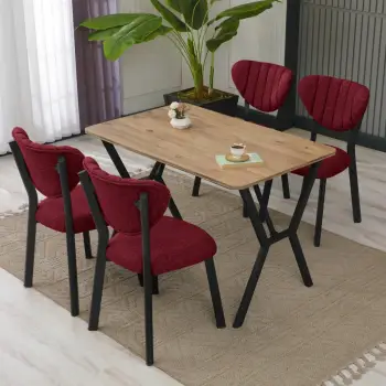 Tavolinë me karrige, zgjatëse, 5 copë, Skye Decor, ngjyrë elma-burgundy, walnut