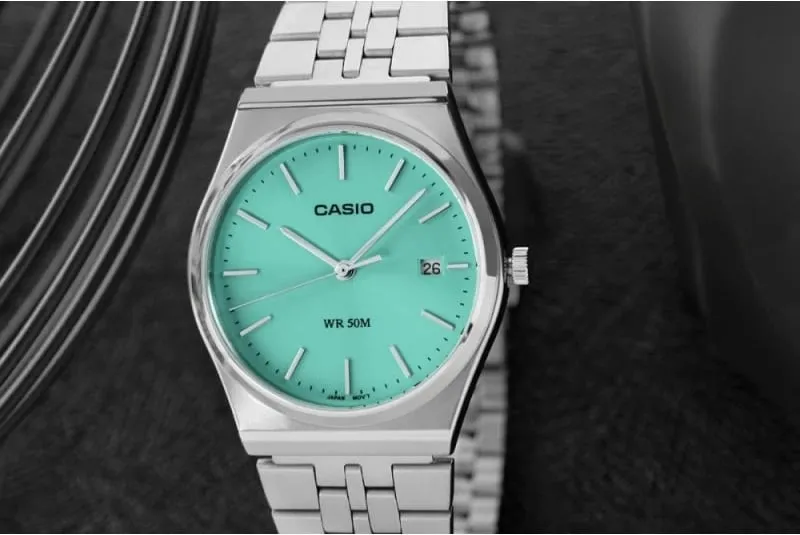 Orë dore për meshkuj CASIO, e argjendtë me fushë të gjelbër - 5