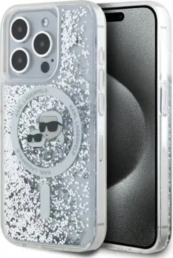 Mbështjellës Karl Lagerfeld Liquid Glitter Karl & Choupette Head MagSafe për iPhone 15 Pro Max, Transparent