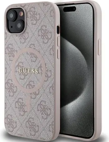 Mbështjellës Guess 4G Collection Leather Metal Logo MagSafe për iPhone 15/14/13, Rozë