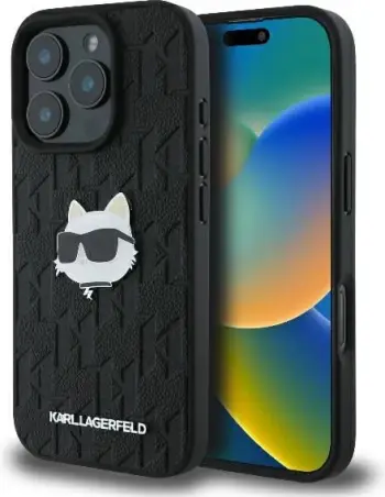 Mbështjellës Karl Lagerfeld Monogram Choupette Head Pin për iPhone 16 Pro Max, i zi