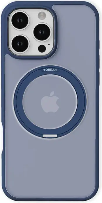 Kutia mbrojtëse Torras Ostand Pro për iPhone 16 Pro, me mbajtëse rrethore, blu