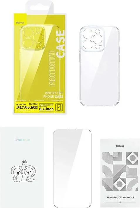 Mbështjellës Baseus SuperCeramic me xham të temperuar për iPhone 14 Plus, transparent, set - 5