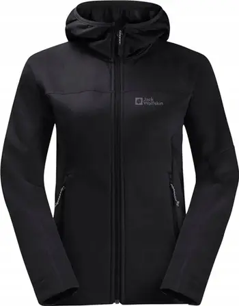 Polar për femra Jack Wolfskin Hirschberg Hooded FZ W, 100% poliester, me kapuç, e zezë