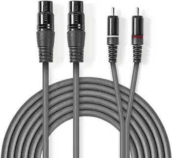 Kabllo audio Nedis OnStage, 2x XLR 3 pin femër në 2x RCA mashkull, 1.5 m, gri