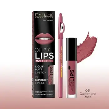 Set për buzë Eveline Oh My Lips Liquid Matt, Nr. 06, buzëkuq + laps