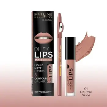 Set për buzë Eveline Oh My Lips Liquid Matt, Nr. 01, buzëkuq + laps