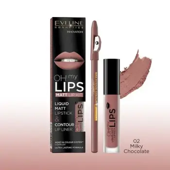 Set për buzë Eveline Oh My Lips Liquid Matt, Nr. 02, buzëkuq + laps