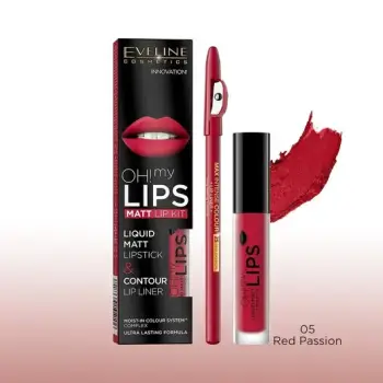Set për buzë Eveline Oh My Lips Liquid Matt, Nr. 05, buzëkuq + laps