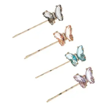 Kapëse flokësh për femra, ngjyrë floriri me dizajn flutur me kristale dhe diamant 5.5cm - 4 copë