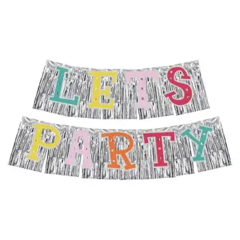 Banner muri holografik metalik argjendi "Let's Party" 65.3cm 78.5cm - 2 cope.