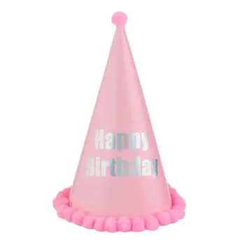 Kapelë feste pastel rozë pom pom e ylbertë "Happy Birthday" 28cm