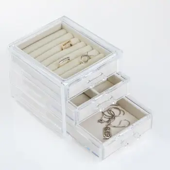 Kuti organizatori bizhuterish akrilik transparent me kadife ecru 3 ndarje 12x13.5x10.5cm
