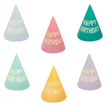Kapele feste letër ngjyrë pastel me shkrim floriri "Happy Birthday" 16cm - 12 copë
