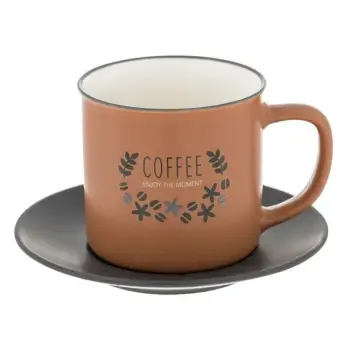 Set filxhan qeramike kaf me pjatë gri dhe print "Coffee Enjoy the Moment"-280 ml